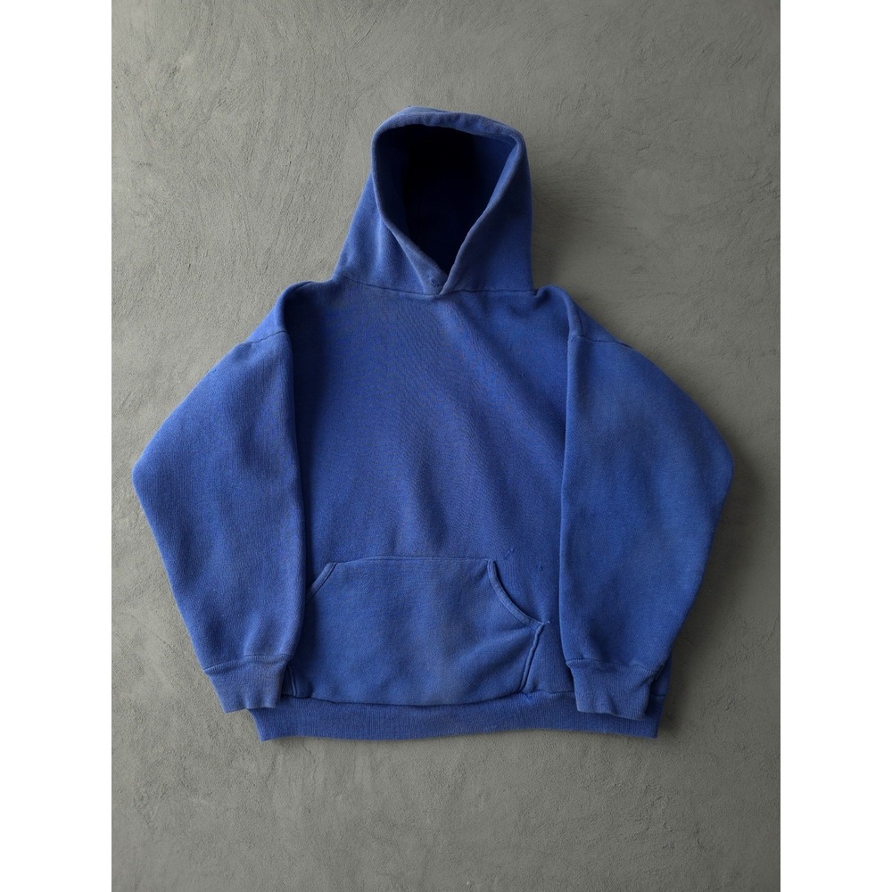 Vintage 60s 70s Blue Cotton Pullover Hoodie Sweatshirt S/M